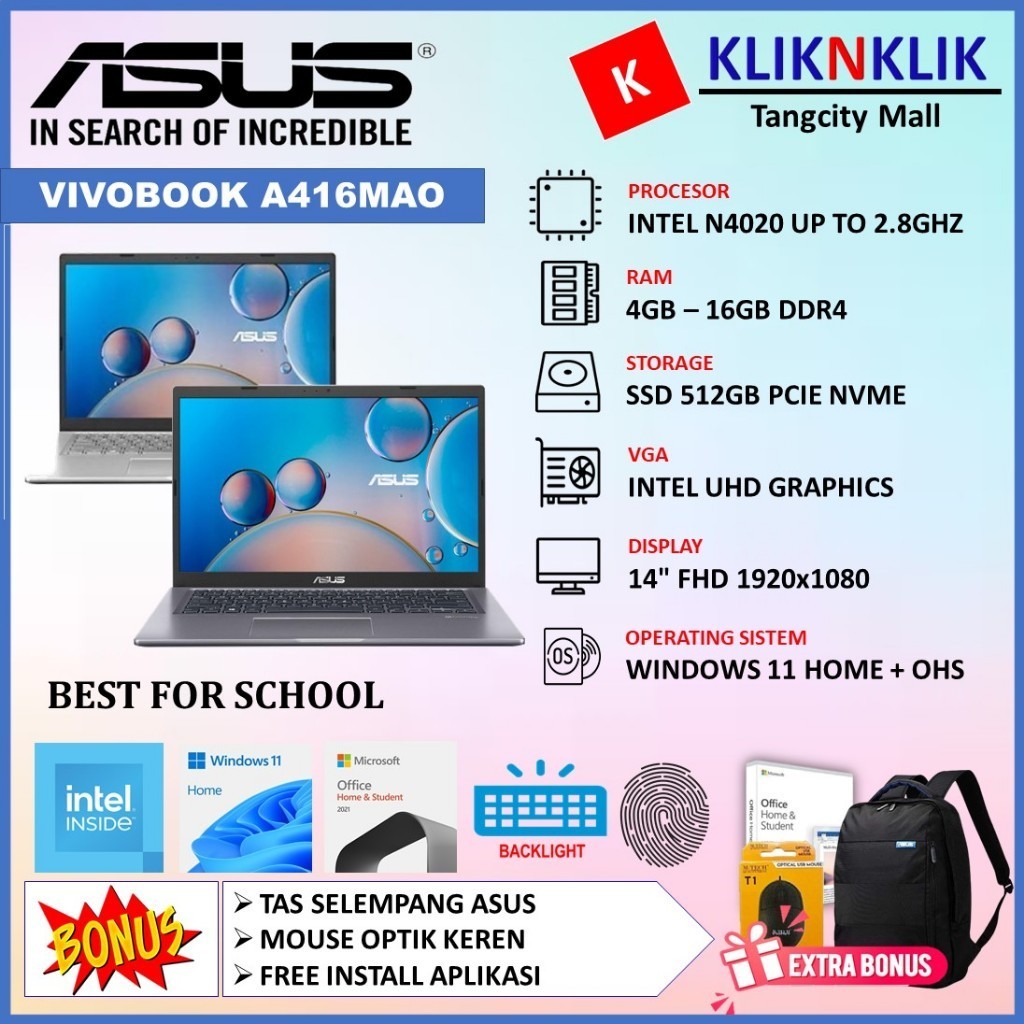 LAPTOP ASUS VIVOBOOK A416MAO FHD452 INTEL N4020 16GB 512GB 14" FHD WIN11HOME OHS