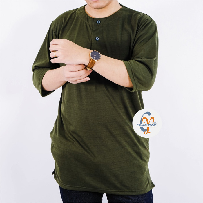 Baju Koko Kurta Pakistan Pria Dewasa Bahan Kaos Lengan 3/4 Size M-XXL - Army, M