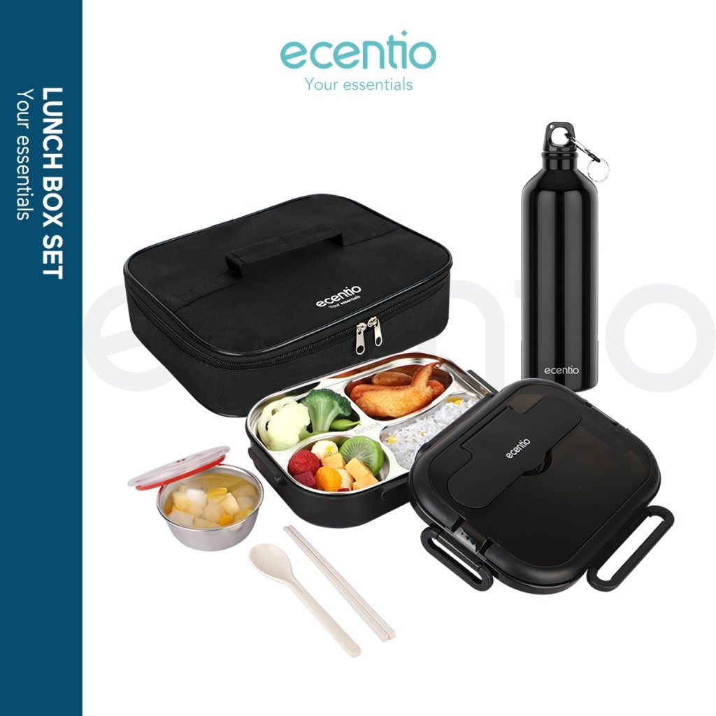 vg53es ecentio tempat makan anti bocor stainless 304 750ml 4 Grid lunch box set Tas Bekal Lunch Cool