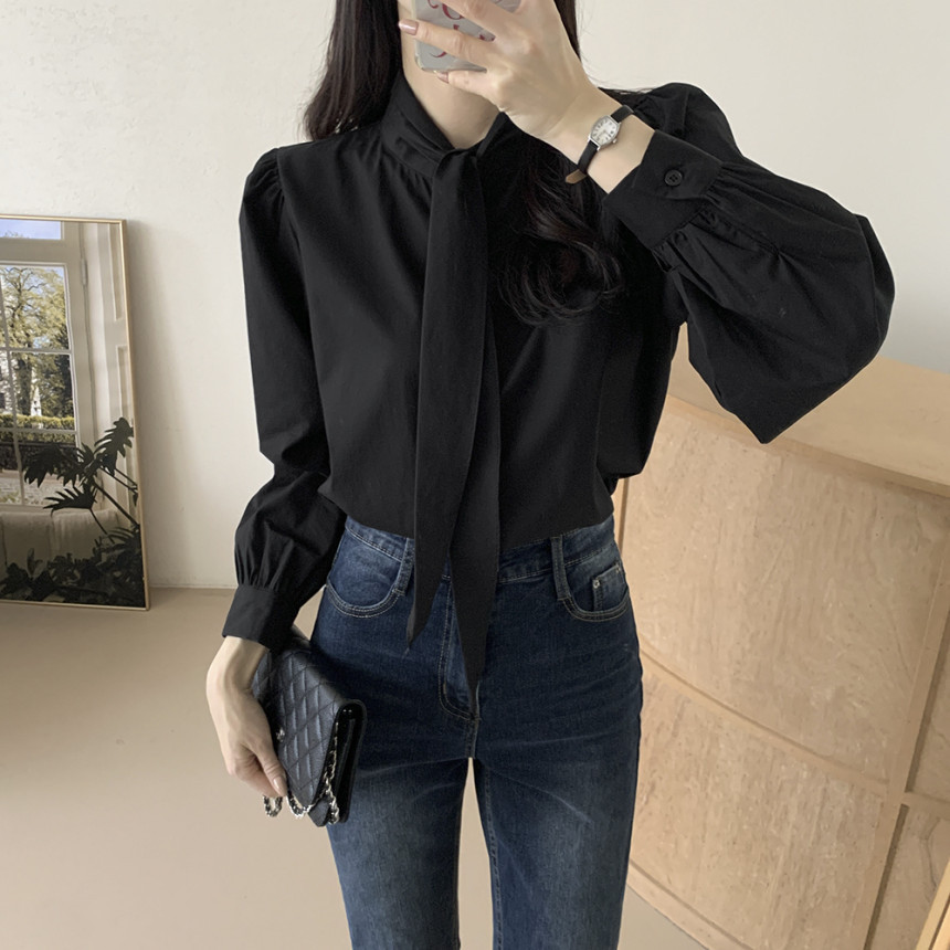 Kemeja lengan panjang gaya Korea atasan kemeja warna solid retro dasi wanita