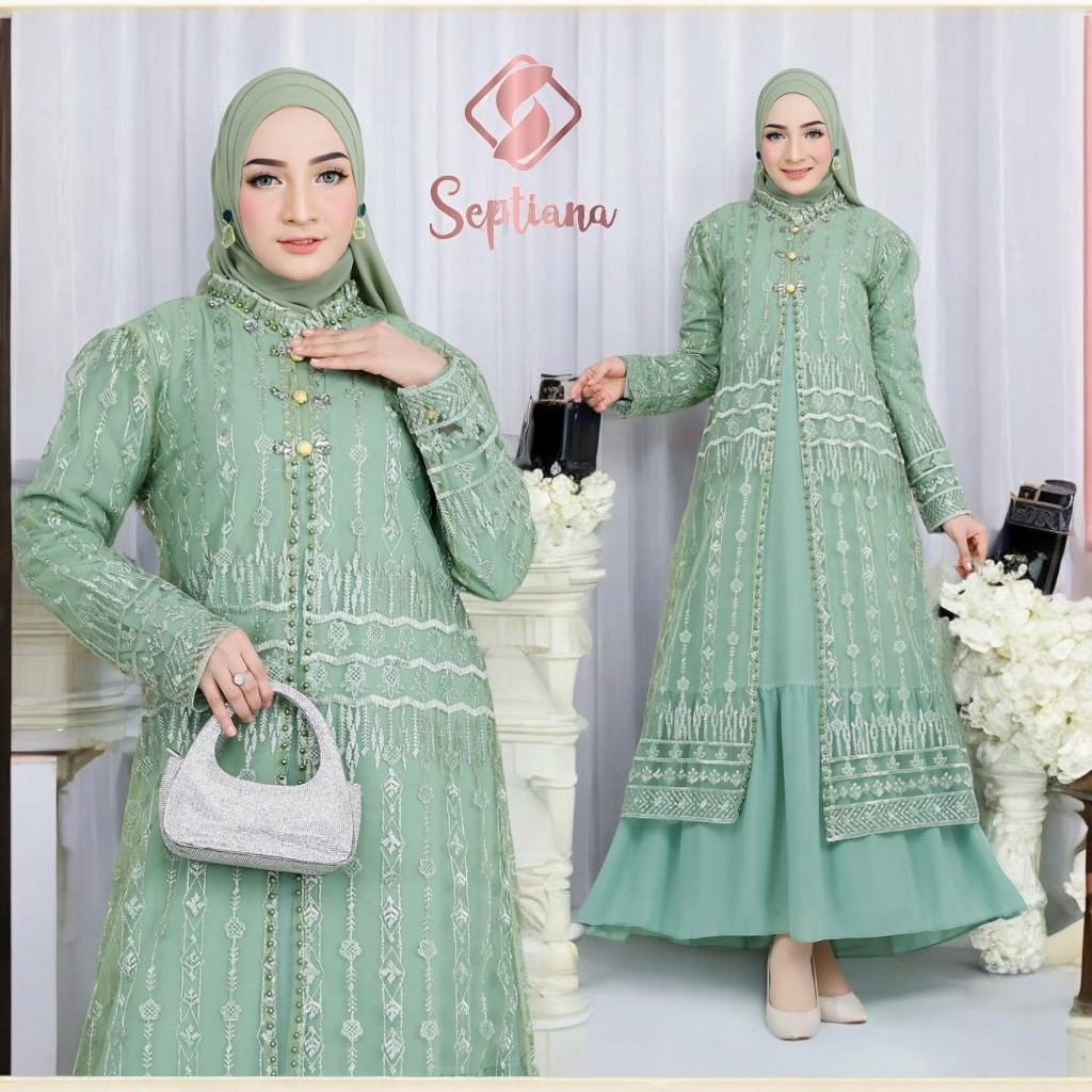 BM78KL Septiana - Set Outer dan Inner Gamis Brukat Pesta kombinasi tille brukat dan ceruti baby doll