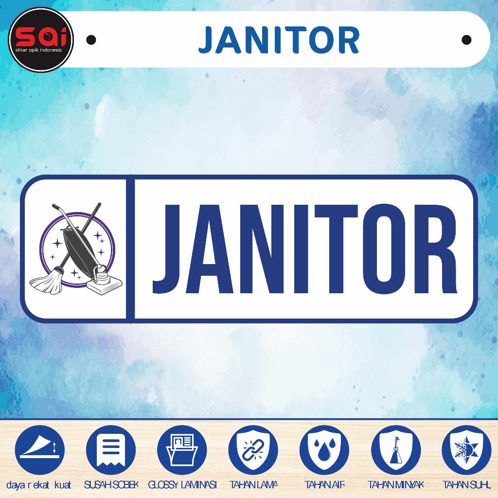

Stiker vinyl anti air JANITOR laminasi glossy