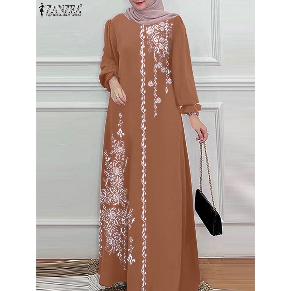 ZANZEA Women Vintage Long Sleeve Abaya Floral Print Muslim Maxi Dress Fashion Sundress Robe Femme Ma