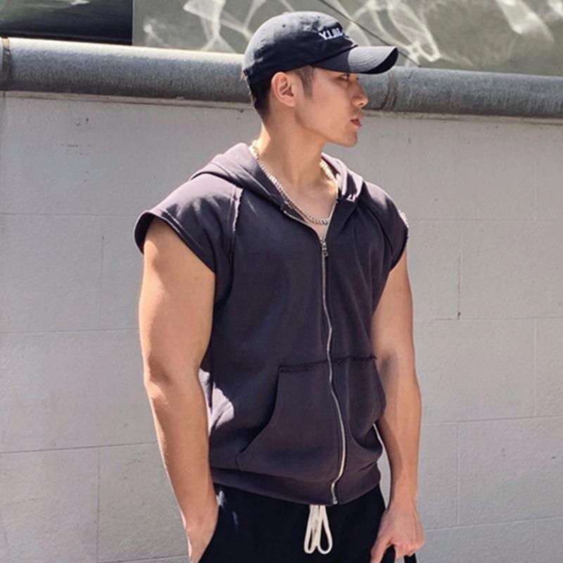 Large men's sleeveless hoodie hoodie sports zipper jacket