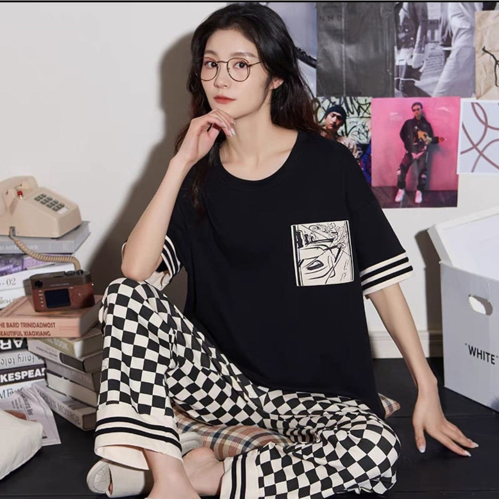 Baju tidur piyama cp bahan kaos import hitam SETELAN SETCEL ONESET SET PIYAMA BAJU TIDUR  CEWEK REMA