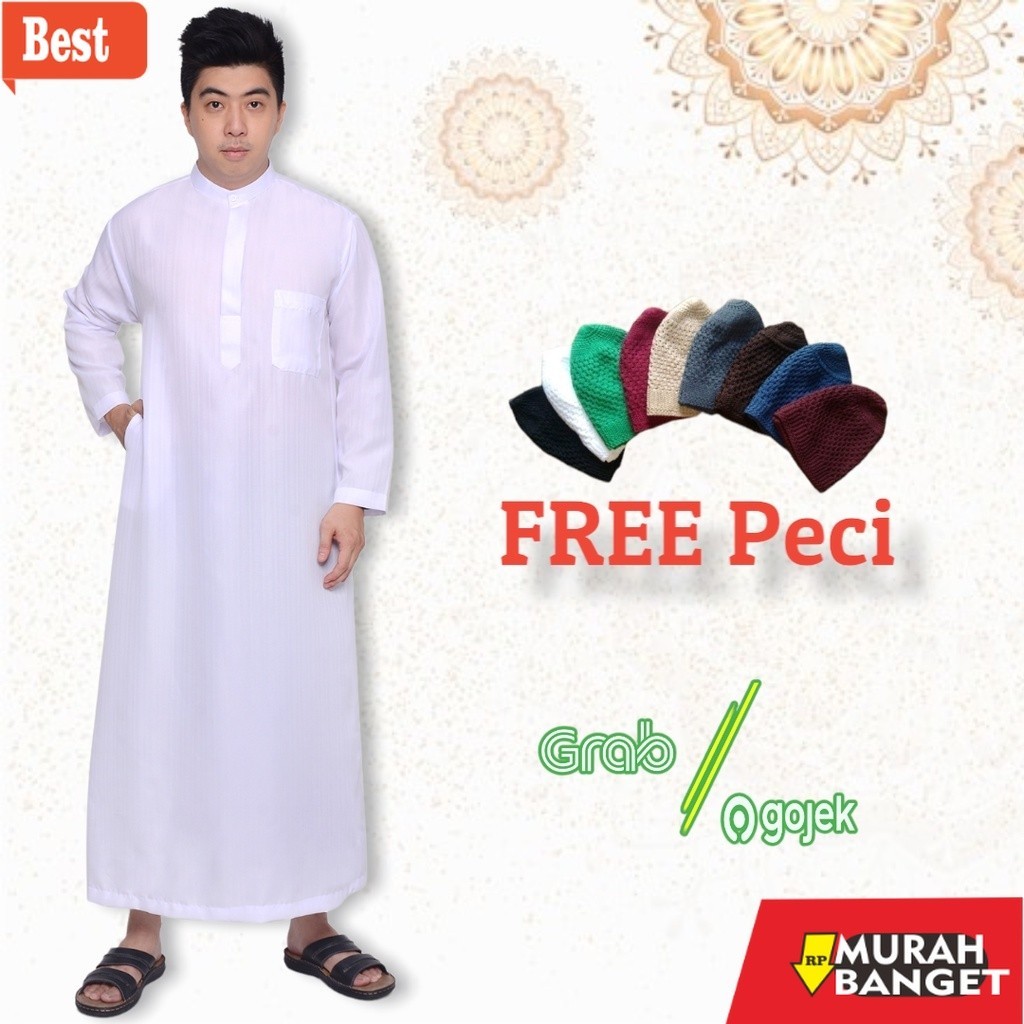 Baju timur tengah pria- Jubah Gamis Pria Dewasa Panjang Putih Polos FREE PECI