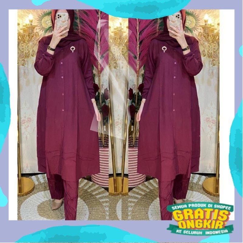 One Set Tunik Setelan Rayon Long Tunik Polos/Gemoy