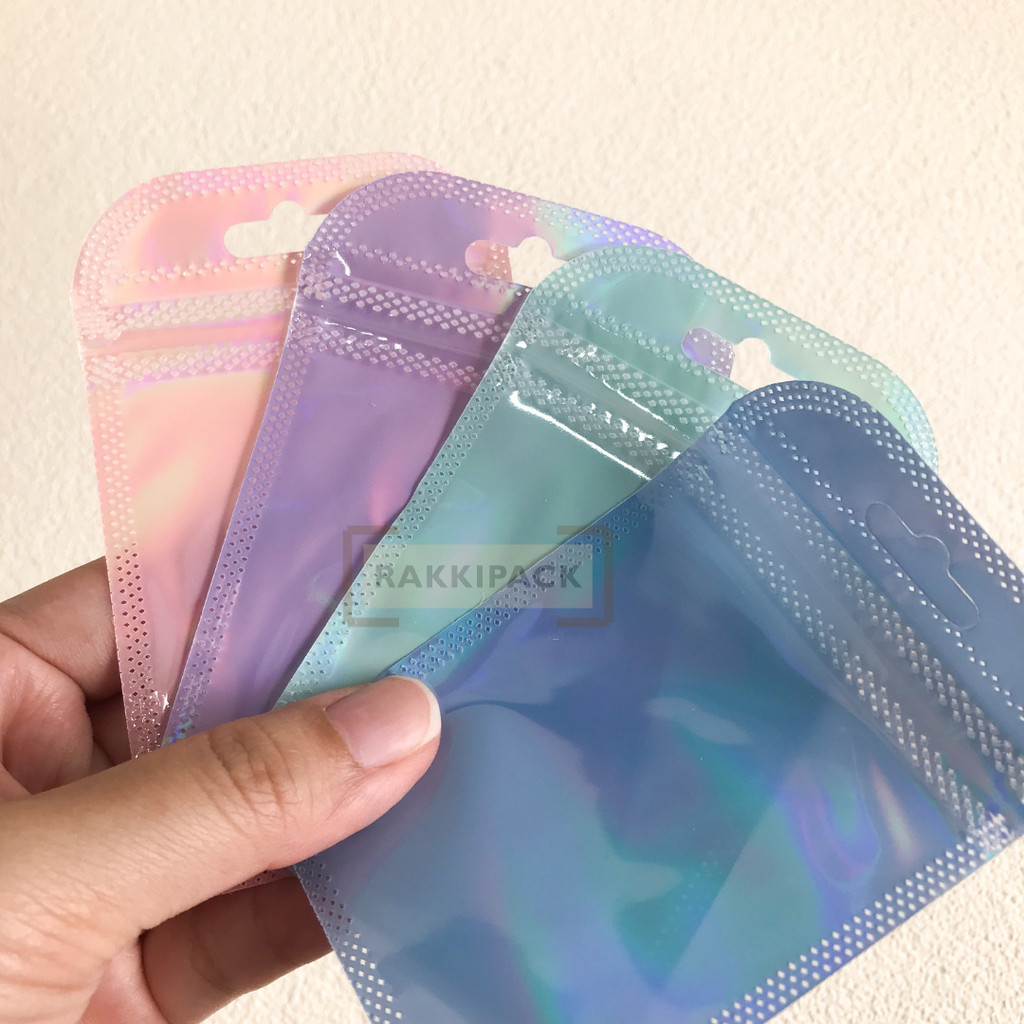 plastik klip ziplock ujung lengkung hologram warna packaging bungkus makanan