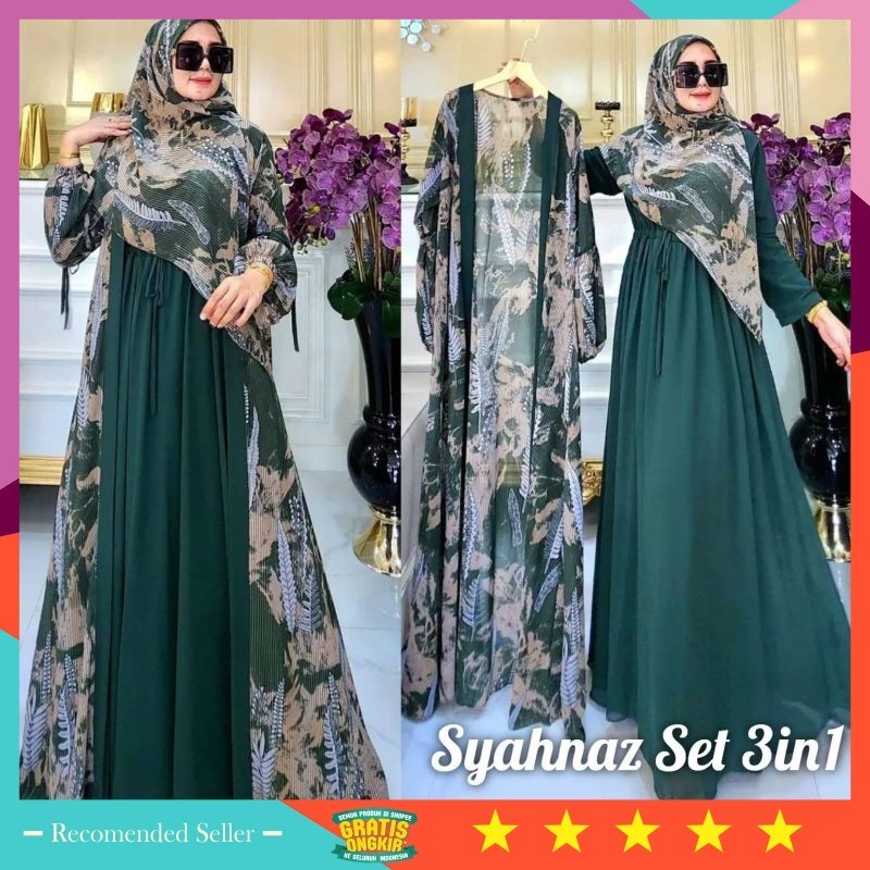 PROMO TERMURAH PAKAIAN MUSLIM LEBARAN IDUL FITRI PREMIUM / SYAHNAZ SET 3 IN 1•ADA JUMBO• LABEL JASMI