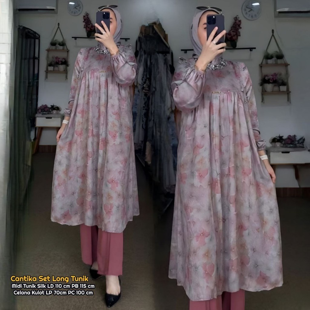 Cantika Set Tunik - One Set Wanita Kekinian Long Tunik Silk Setelan Wanita Celana Kulot All Size
