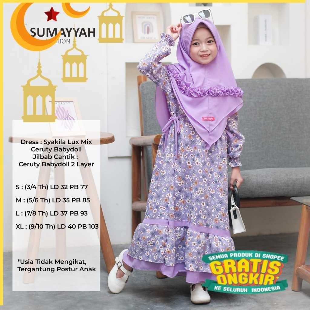 Gamis Dress Muslimah Anak Khumaero Syar'i Bahan Shakila Motif Bunga Set Plus Jilbab Ceruty Babydoll/