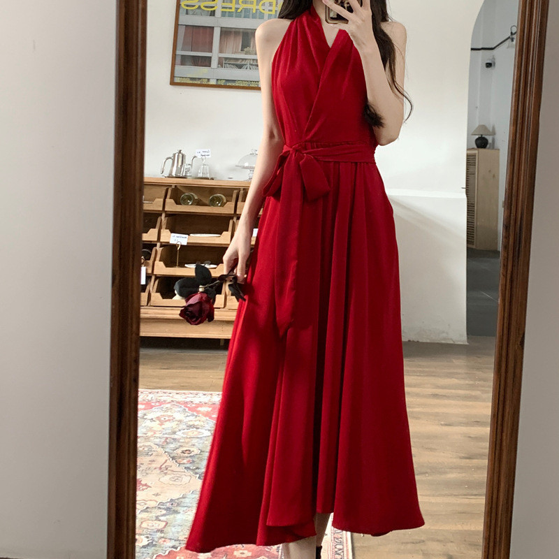 Midi Dress Merah Maroon tanpa Lengan - Dress Casual Kasual Merah / Korean Style Dress Korea / Dress 