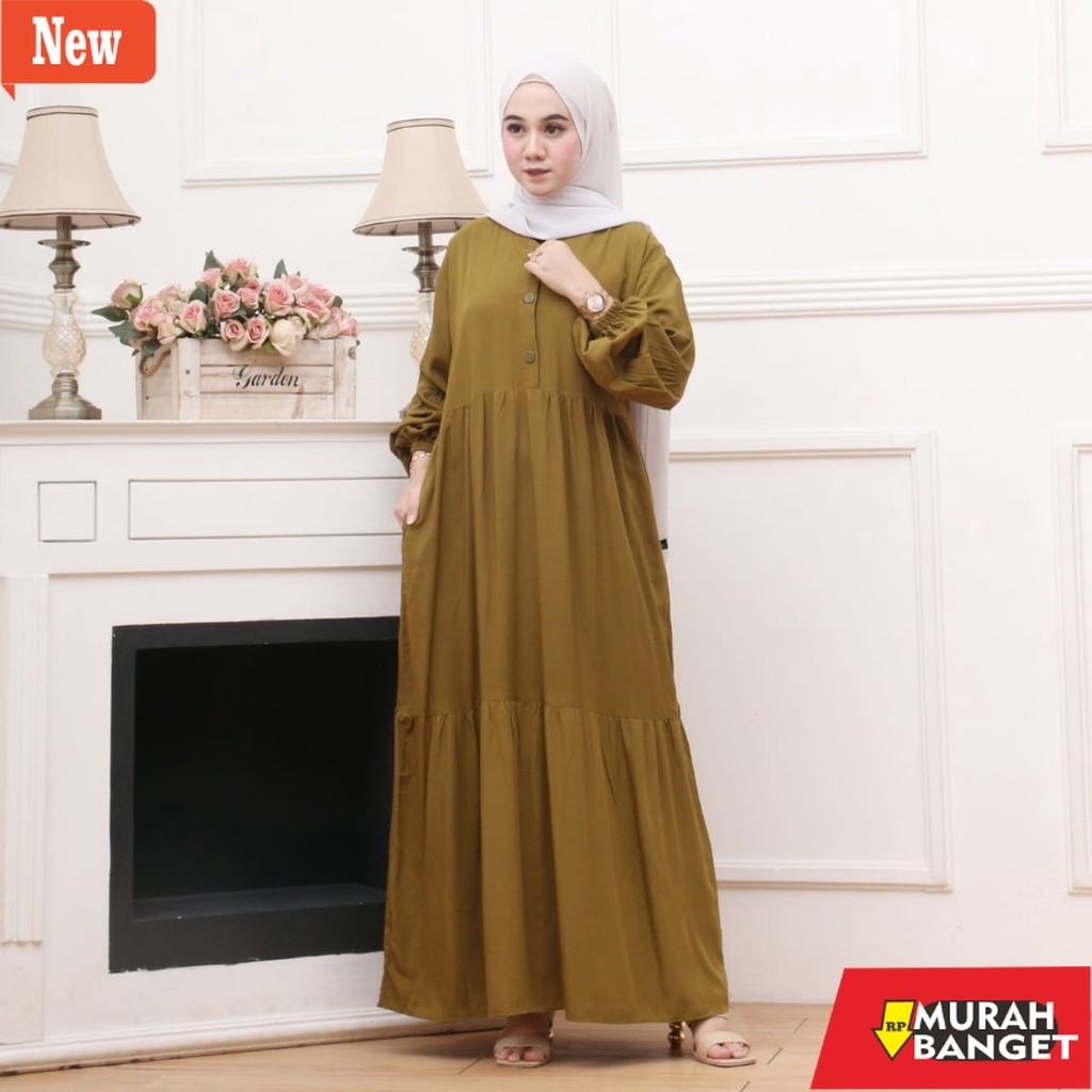Gamis terbaru- Gamis Rayon Polos Susun Canda Lengan Balon Busui Kancing Depan