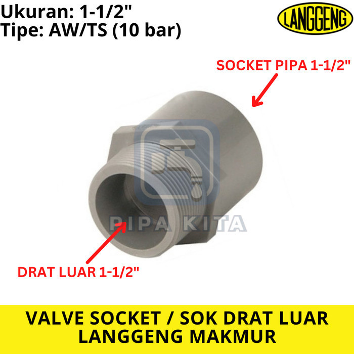 Valve Socket Ts 1 1/2 Inch Pvc Langgeng Sock Drat Luar 1,5 Dim Aw