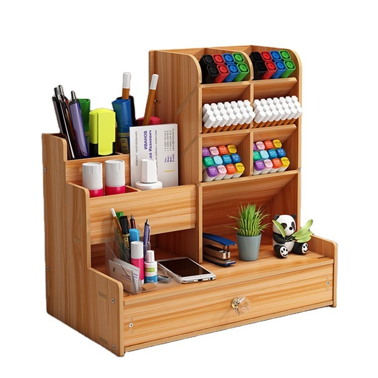 

Tonsmile DIY Kotak Tempat Pena Bambu Kayu Alat Tulis Desktop Laci Kantor Organizer dengan Pemegang Telepon