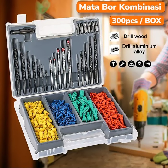 SET DR 300 PCS Mata Bor Besi Baja Kayu Beton Kombinasi Skrup Baut Fisher Tembok Twist Drill Bit Set 