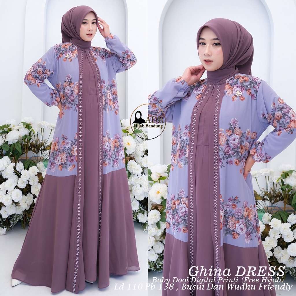 SD56YU Dress Ghina Gamis Ceruty  Mix Ceruty Print Full Furing Busui dan Wudhu Friendly Kerudung Segi