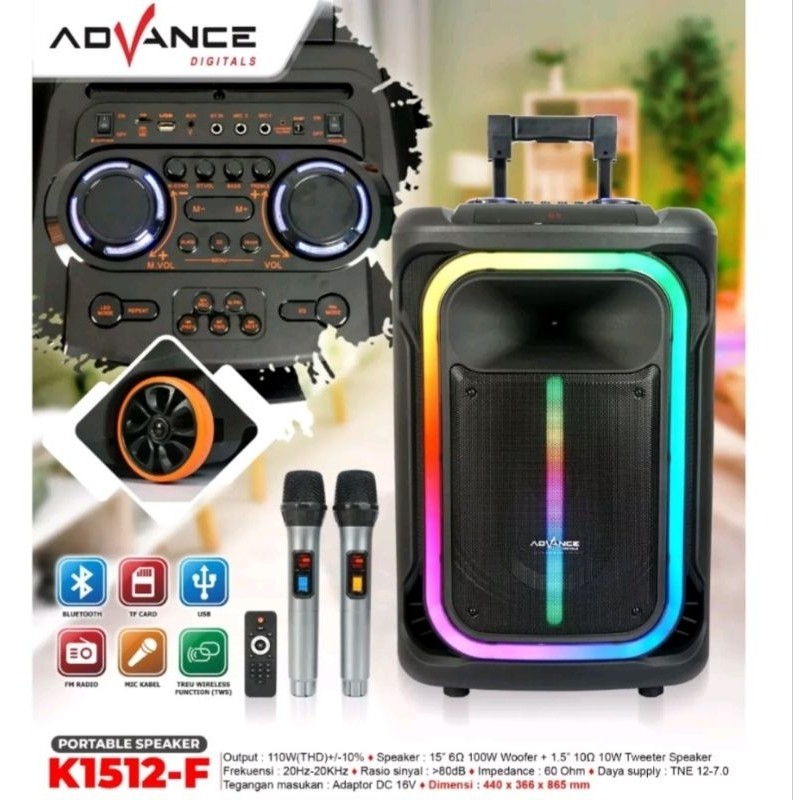Speaker Portable Advance K1512 F / K1512F 15 Inch FREE 2 Mic Wireless