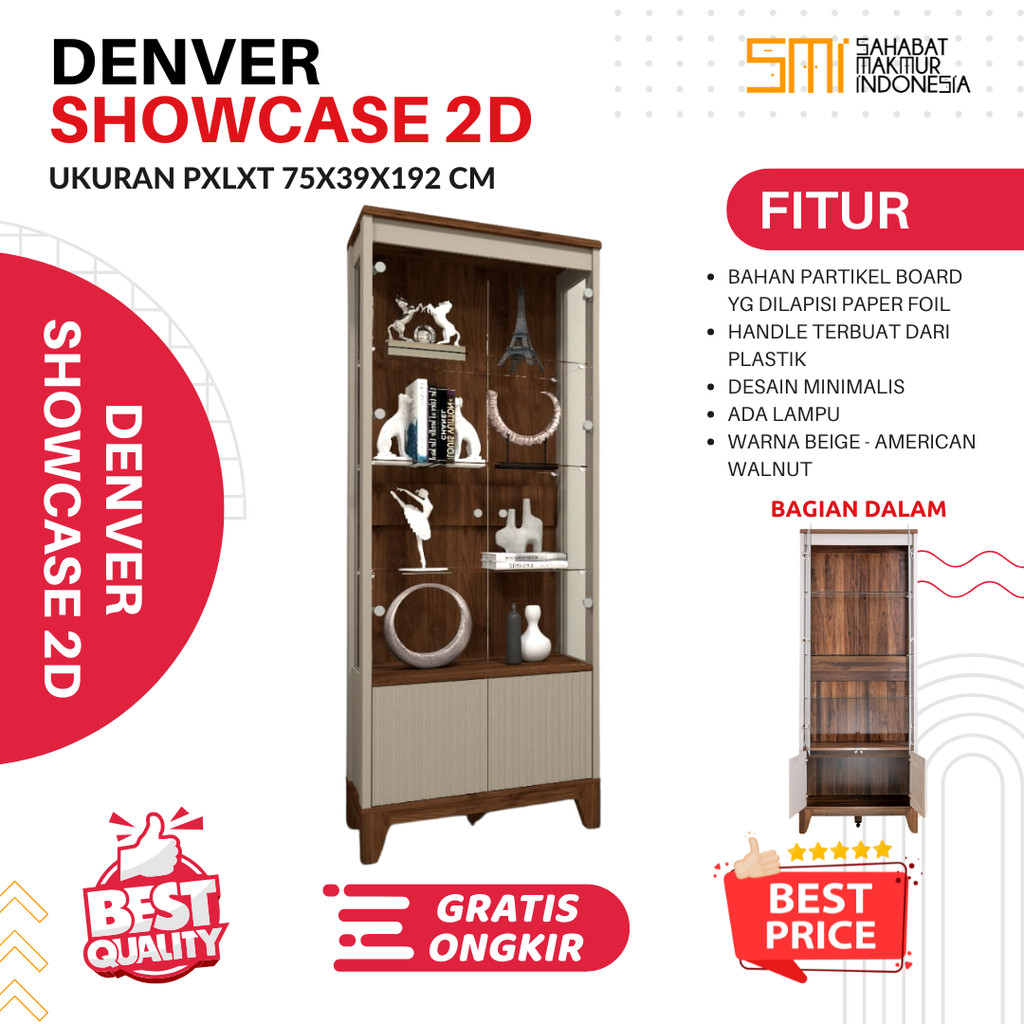 Denver Showcase 2D / Lemari Hias Lemari Minimalis Almari Tas Lemari Dinding Lemari Pajangan