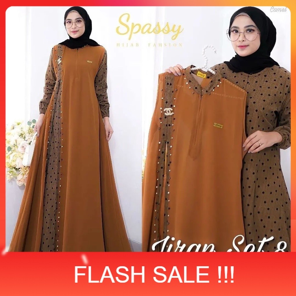 PROMO Gamis Terbaru Jiran Set 8 2in1 Gamis + Outher Bahan Rami IMPORT mix Ceruty Premium