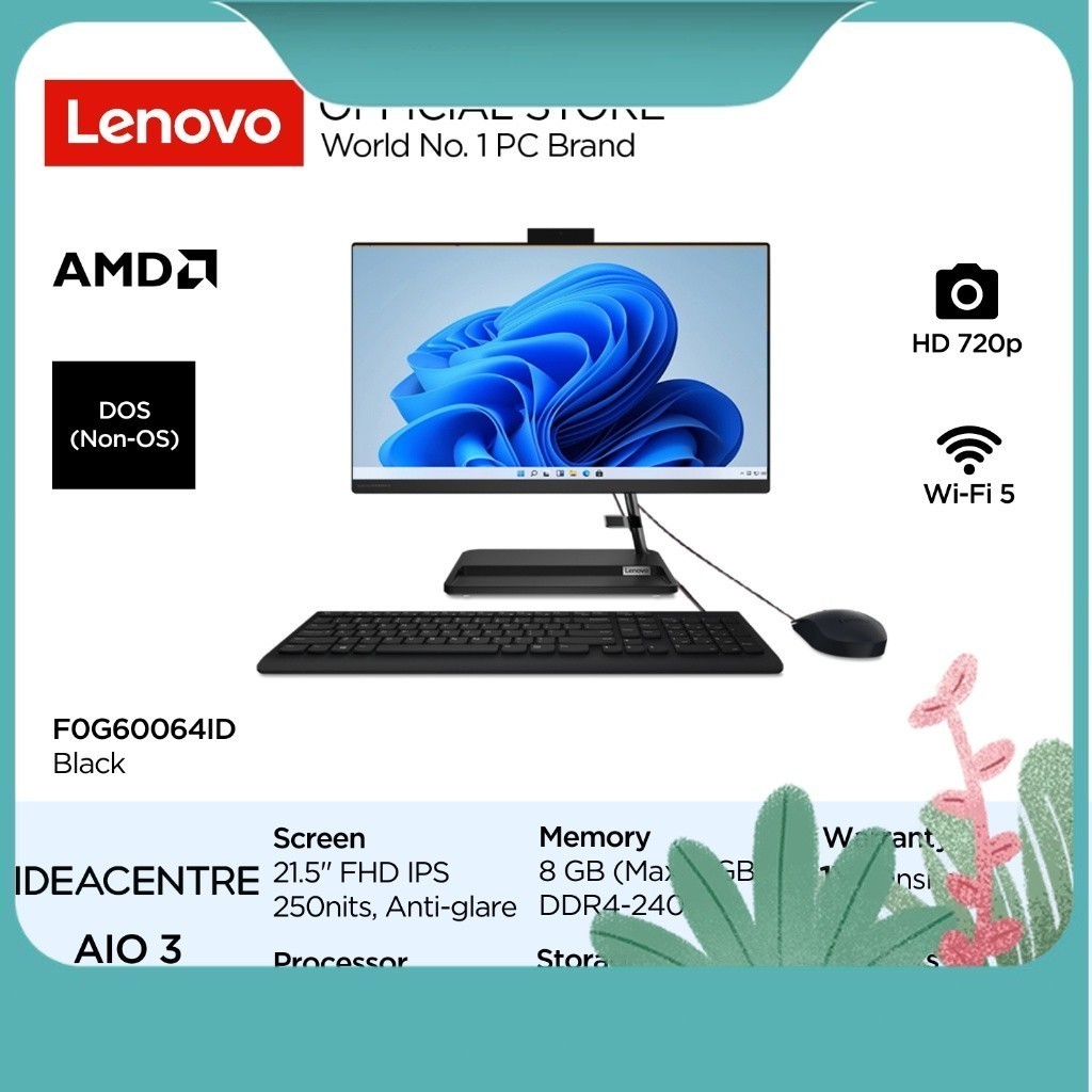 Lenovo PC IdeaCentre AIO 3 22ADA6 AMD 3020e DOS 8GB 1TB HDD 2.5" SATA 21.5" FHD IPS Integrated Radeo