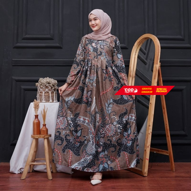MS GAMIS BATIK SRIWEDARI MAXI BUMIL BUSUI KATUN POLYMICRO MODERN TERBARU MOTIF CENDANA COKLAT ALL SI