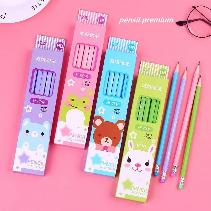 

[nicky888] Pensil Kayu Set 12IN1 Dengan Penghapus Praktis / Pensil 12pcs Alat Tulis Sekolah / Pensil HB AT006