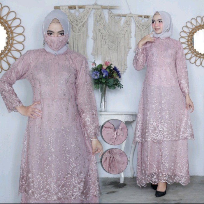 Gamis Brukat Malaysia - Gamis Brukat Tile - Dress Pesta Free Hijab - Dusty Pink, XXL
