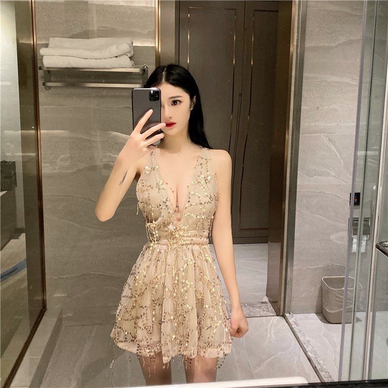 Women's sequin tassel deep V-neck backless dress