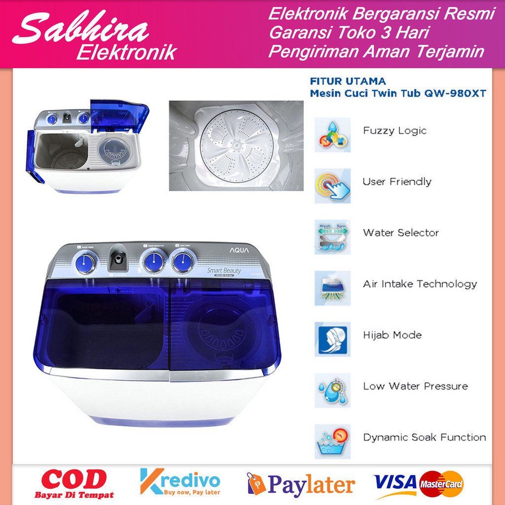 Mesin cuci 2 tabung AQUA 9kg qw 980xt kapasitas besar