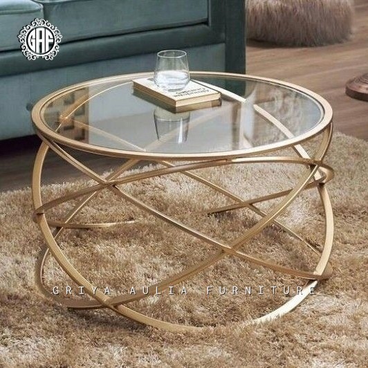 COFFE TABLE MEJA TAMU KEKINIAN GOLD - MEJA COFFE TOP KACA - MEJA BULAT