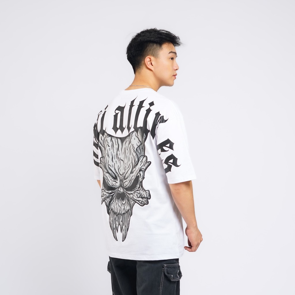 Orijiattires Kaos Oversize Pria Wanita Sablon Quaret Print Skull Back Putih (WD007VZ)