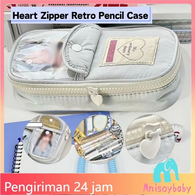 

【COD】Heart Zipper Retro Pencil Case Tempat Pensil Lucu Untuk Pelajar Large Capacity Stationery Case