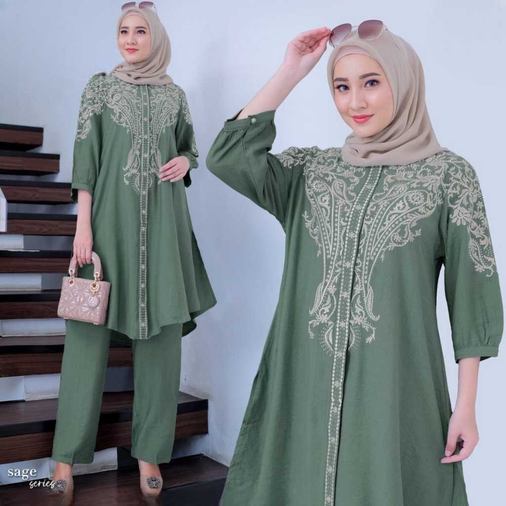 set pakaian wanita atasan tunik celana kulot cingkle airflow mix bordir set baju lebaran kondangan p