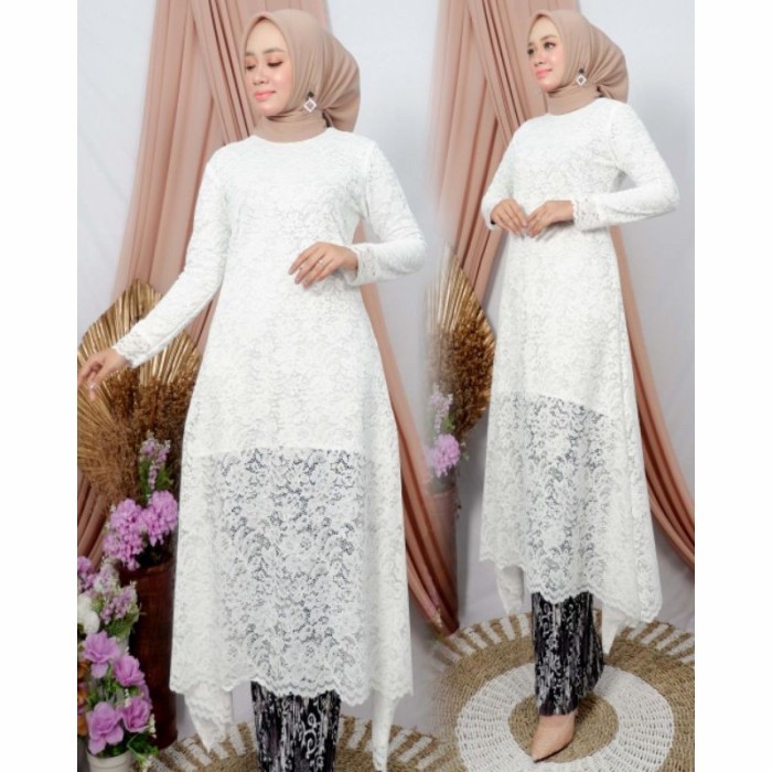 "V.NLN" - Kebaya Long Tunik Brukat Umbrella/Kebaya Modern/ Baju Kondangan Wanita - Putih, Atasan Saj