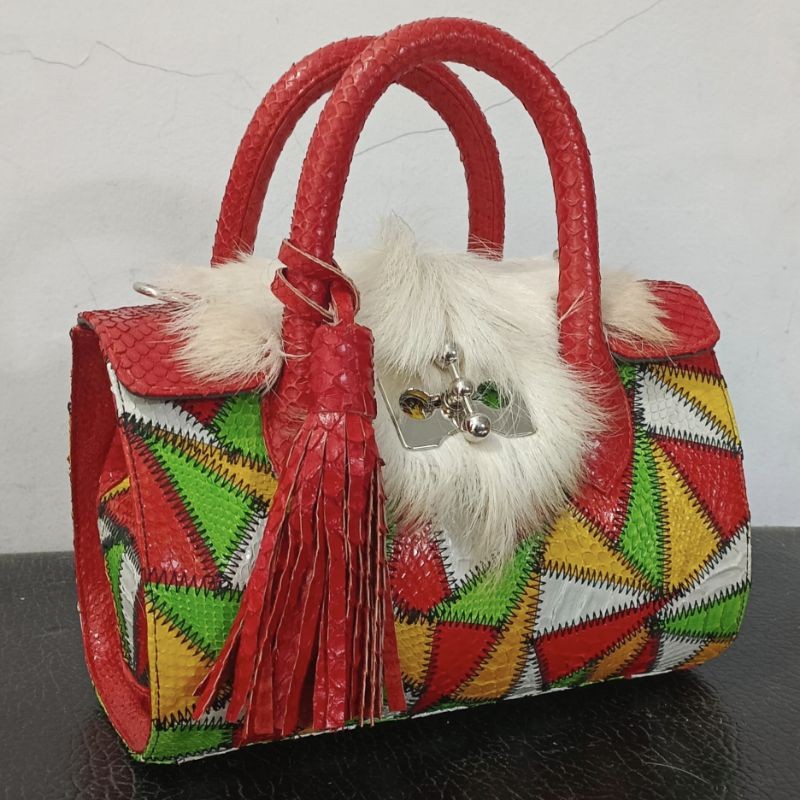 Tas Kulit Ular Piton Asli Wanita ARIMBI ZIGZAG MIX BULU KAMBING