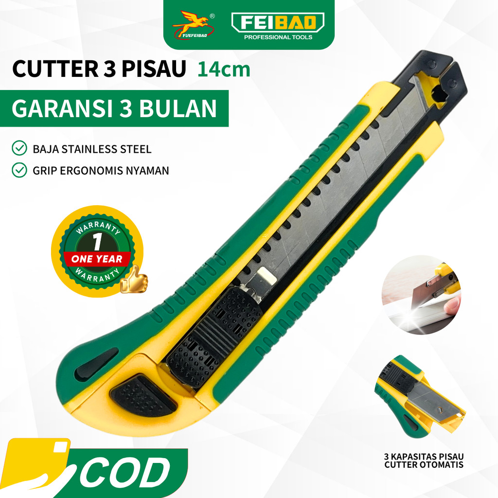 

Feibao Cutter 3 Pisau / 3 Blade Utility Knife / Penggantian Otomatis / Stainless Steel / F32-3
