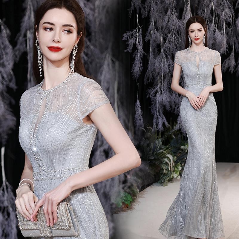 FW24-25102 Gaun Pesta Wanita. Women's Silver Grey Starlight Fishtail Banquet Evening Dress