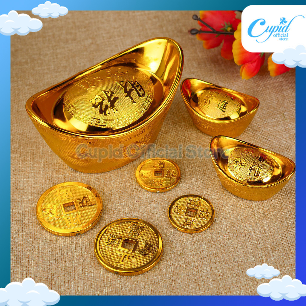 HIASAN DEKORASI HAMPERS KOIN EMAS BUATAN IMLEK CAKE LUCKY MONEY GOLD PALSU PAJANGAN DUIT HOKI FU FUK