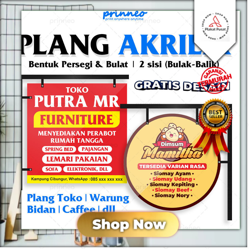 Custom Akrilik PLANG TOKO/KANTOR+DUDUKAN BAHAN AKRILIK  2 SISI, DESAIN GRATIS Plakat pusat