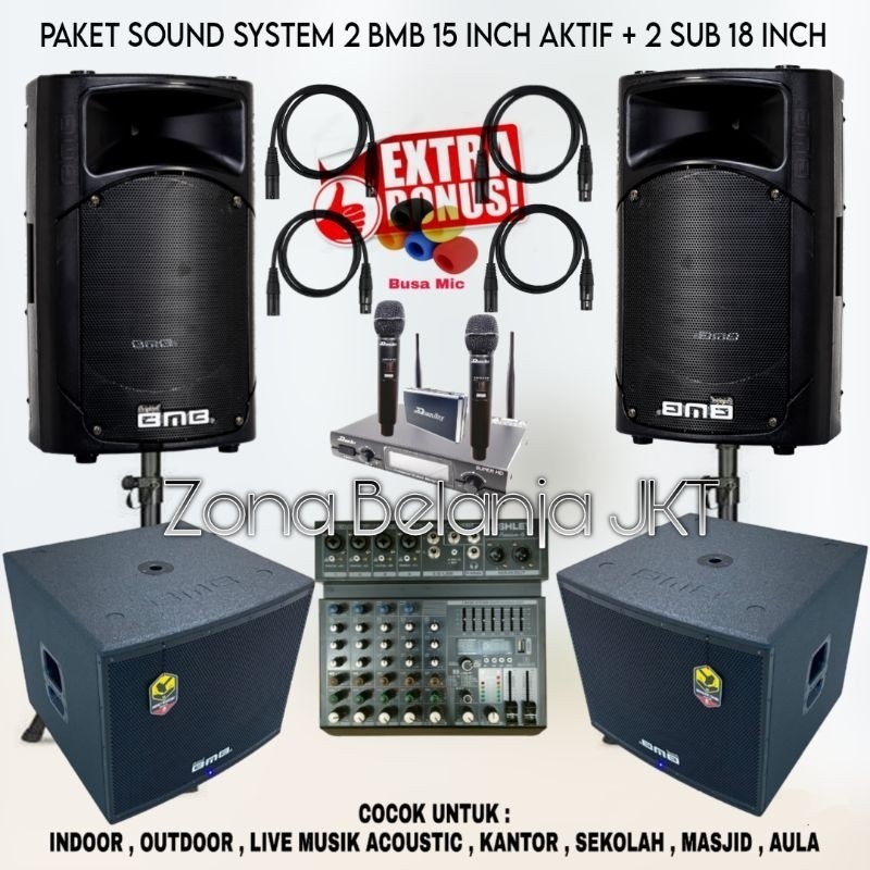 PAKET SOUND SYSTEM INDOOR OUTDOOR LIVE MUSIK KARAOKE 2 SPEAKER BMB 15 INCH AKTIF + 2 SUBWOOFER 18 INCH MIXER 6 CHANNEL USB BLUETOOTH MURAH BERKUALITAS ORIGINAL