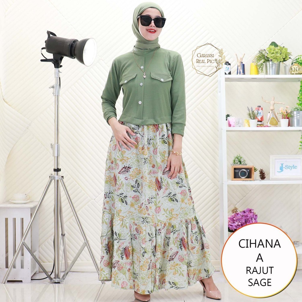 Cihana Gamis Rajut Rayon Motif Printing Variasi Saku Kancing Depan