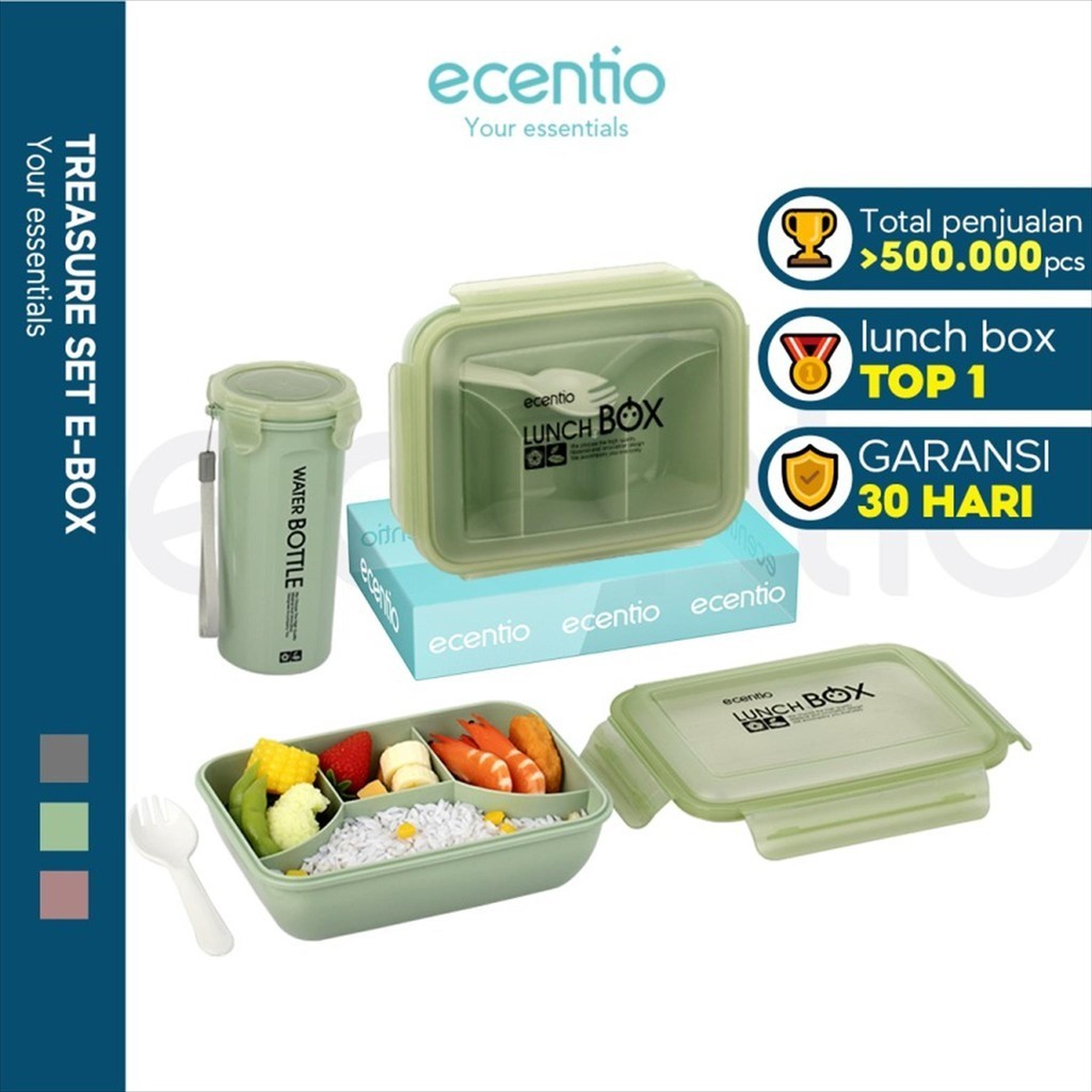 Paket Box Kotak Tempat Makan Tumbler Botol Air Minum Ecentio Lunch BPA Free