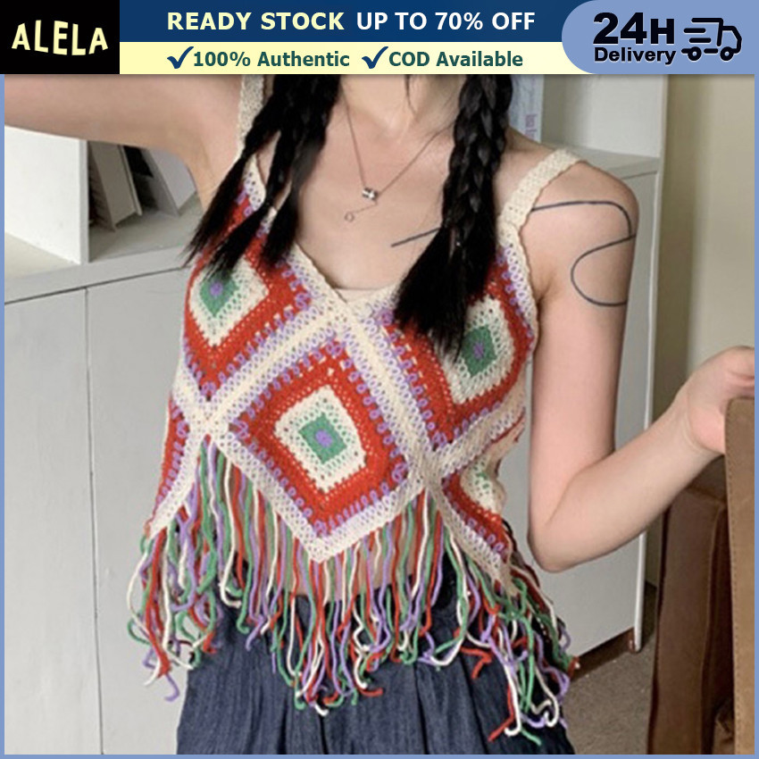 Tank Top Wanita Crochet Rajut Vest Rumbai Knit Rompi Tanktop Crop Bohemian Bali Korea Style Ready