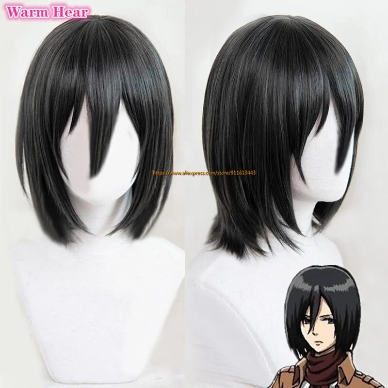 Mikasa Ackerman Wig Cosplay, Wig Bob pendek 35cm, Wig Anime Cos tahan panas + topi Wig