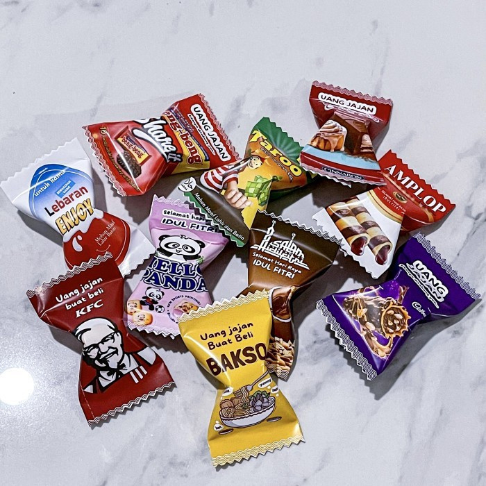 

[FP] Amplop bentuk permen Lebaran karakter Panjang pendek, Angpao motif Lebaran, Amplop snack Idul Fitri amplop lucu
