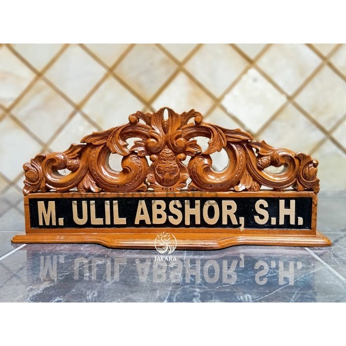 

papan nama meja jabatan ukir kayu jati custom logo SH5321