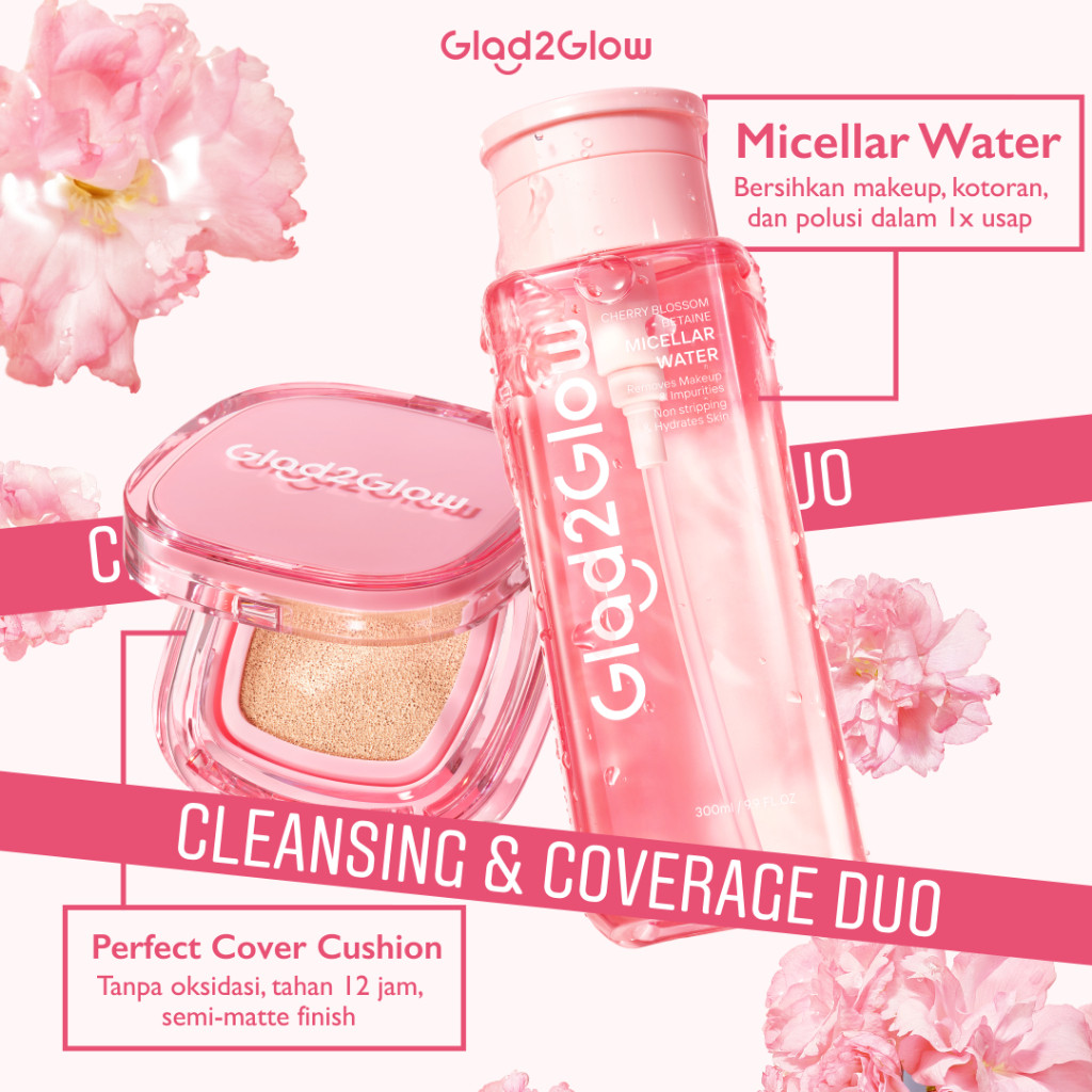 Cushion Glad2Glow Paket 2pcs Set Cushion + Micellar Water 300ml Glad2Glow Perfect Cover Cushion 11g 