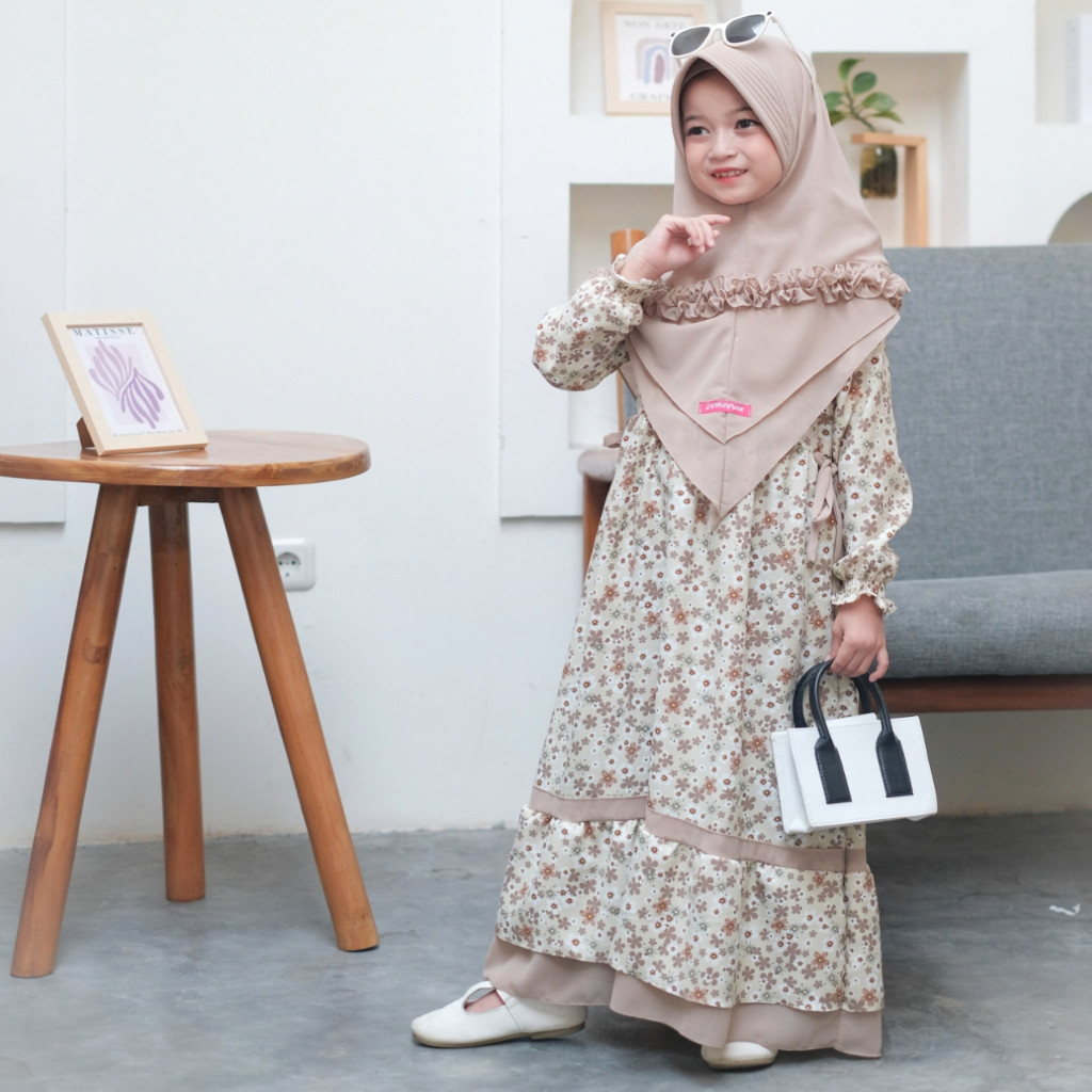 Gamis Anak Sumayyah Set Plus Hijab Syar'i Usia 3 Sampai 10 Tahun Bahan Shakila Mix Ceruty Babydoll