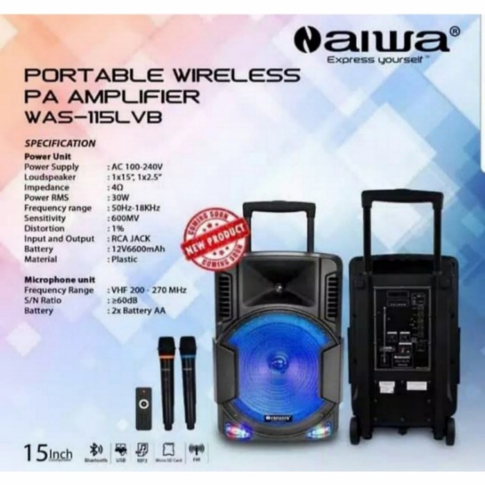 Speaker Portable Amplifier Wireless N Aiwa WAS 115 LVB Bluetooth 15 in